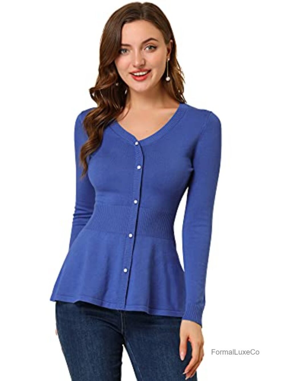 Peplum Sweater V Neck Long Sleeve Knit Cinched Waist Tops